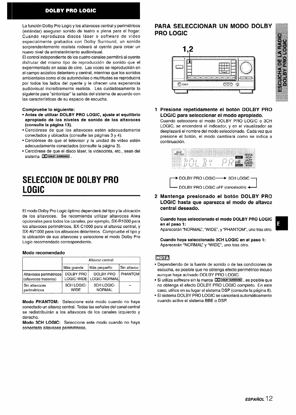 Compruebe lo siguiente, Para seleccionar un modo dolby pro logic, Seleccion de dolby pro logic | Modo recomendado, Cuando haya seleccionado 3ch logic en el paso 1 | Aiwa AV-X120 User Manual | Page 29 / 52