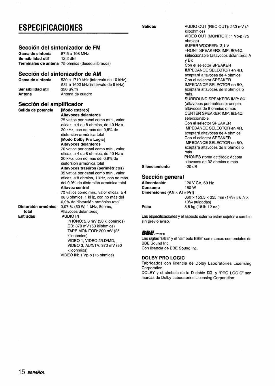 Especificaciones, Sección del sintonizador de fm, Sección dei sintonizador de am | Sección del amplificador, Sección general, Dolby pro logic | Aiwa AV-X120 User Manual | Page 32 / 52
