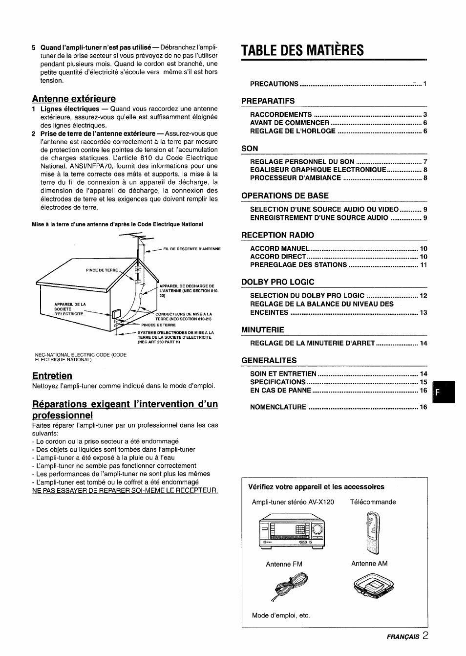 Antenne extérieure, Entretien, Table des matieres | Aiwa AV-X120 User Manual | Page 35 / 52