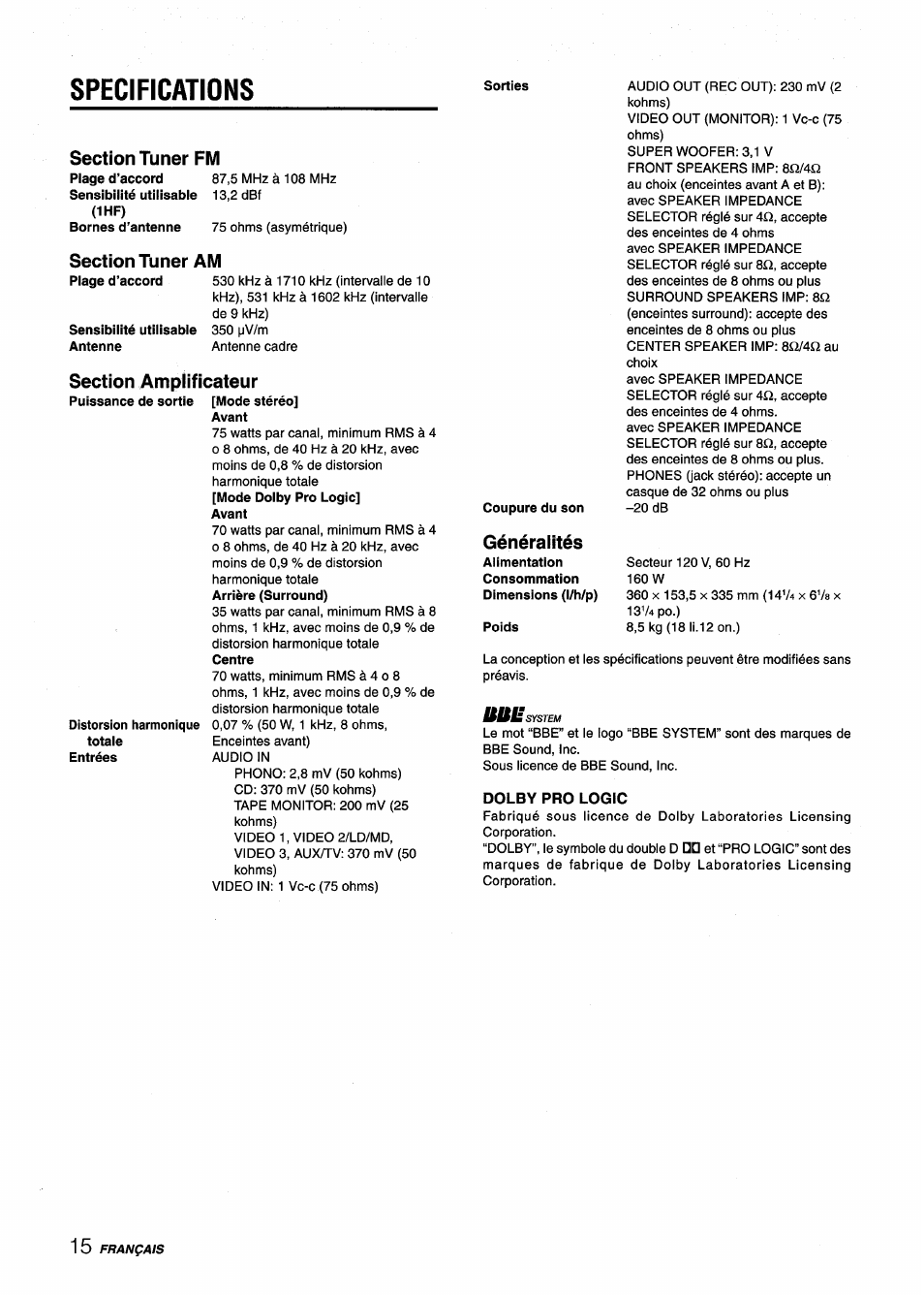 Specifications, Section tuner fm, Section tuner am | Section amplificateur, Mode stéréo, Dolby pro logic, Généralités | Aiwa AV-X120 User Manual | Page 48 / 52