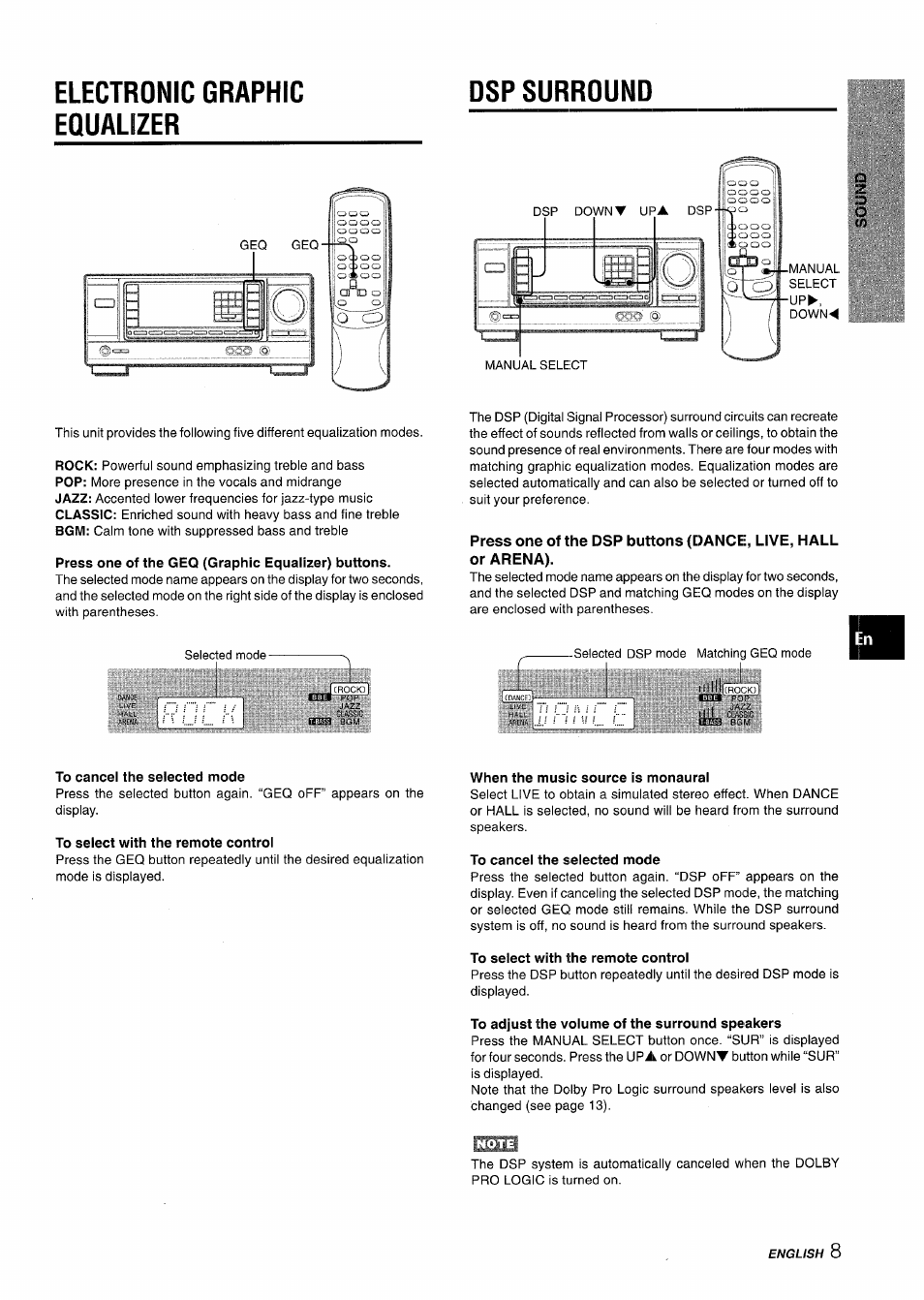 Electronic graphic equalizer, Press one of the geq (graphic equalizer) buttons, When the music source is monaural | To cancel the selected mode, To select with the remote control, To adjust the volume of the surround speakers, Electronic graphic equalizer dsp surround | Aiwa AV-X120 User Manual | Page 9 / 52