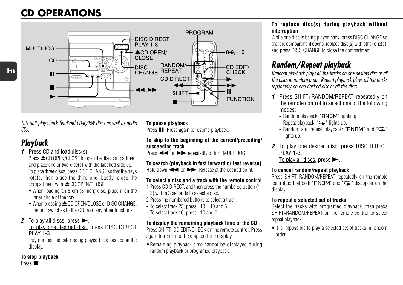 Cd operations, Playback, Random/repeat playback | 10 en | Aiwa NSX-D30 User Manual | Page 10 / 22