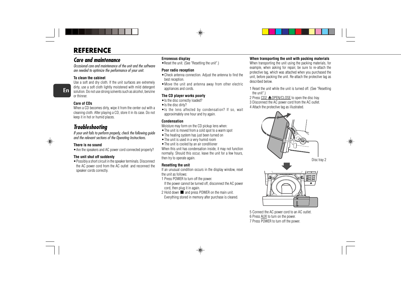Reference, Care and maintenance, Troubleshooting | 14 en | Aiwa XR-EC10 User Manual | Page 14 / 16
