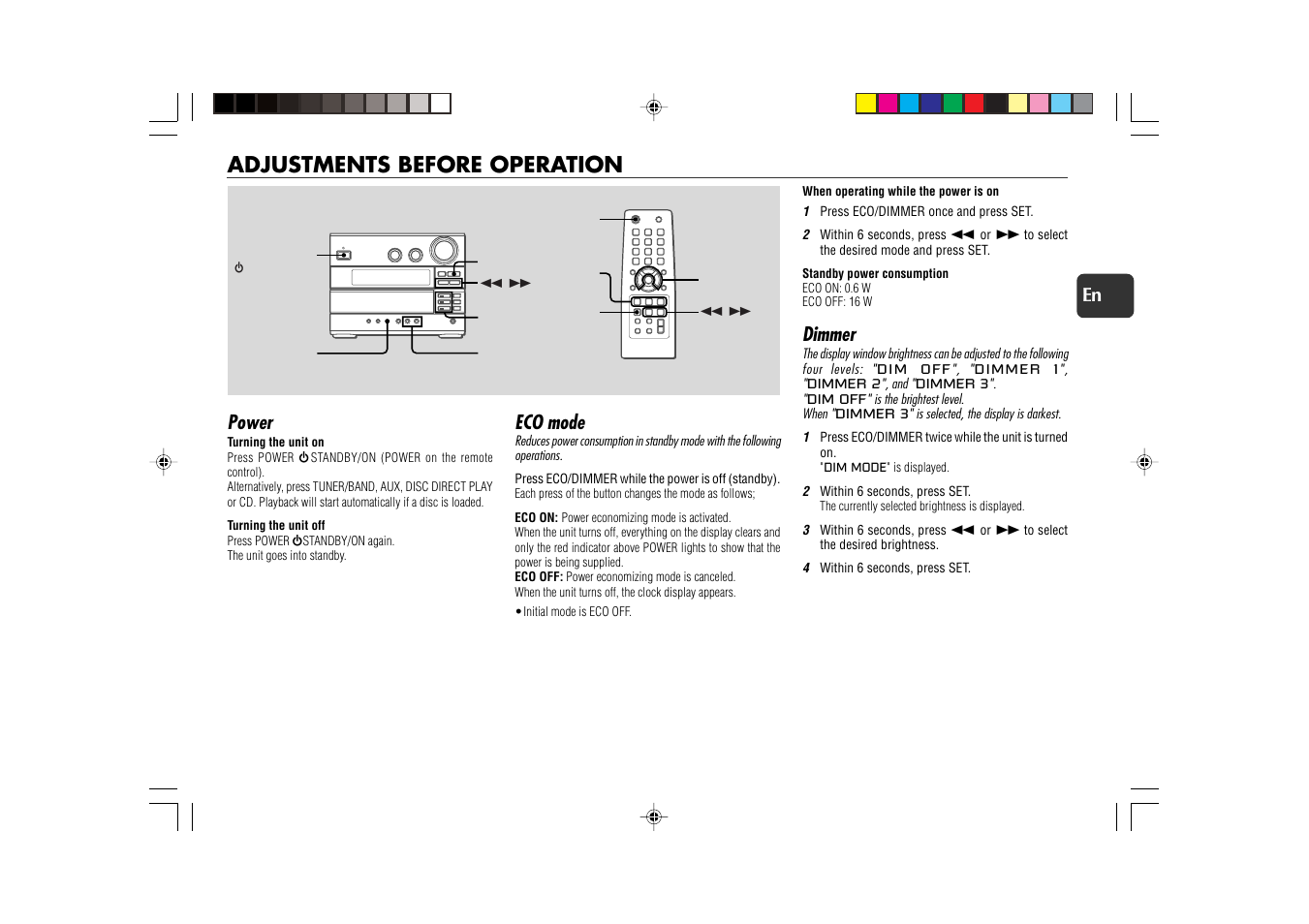 Adjustments before operation, Power, Eco mode | Dimmer | Aiwa XR-EC10 User Manual | Page 7 / 16
