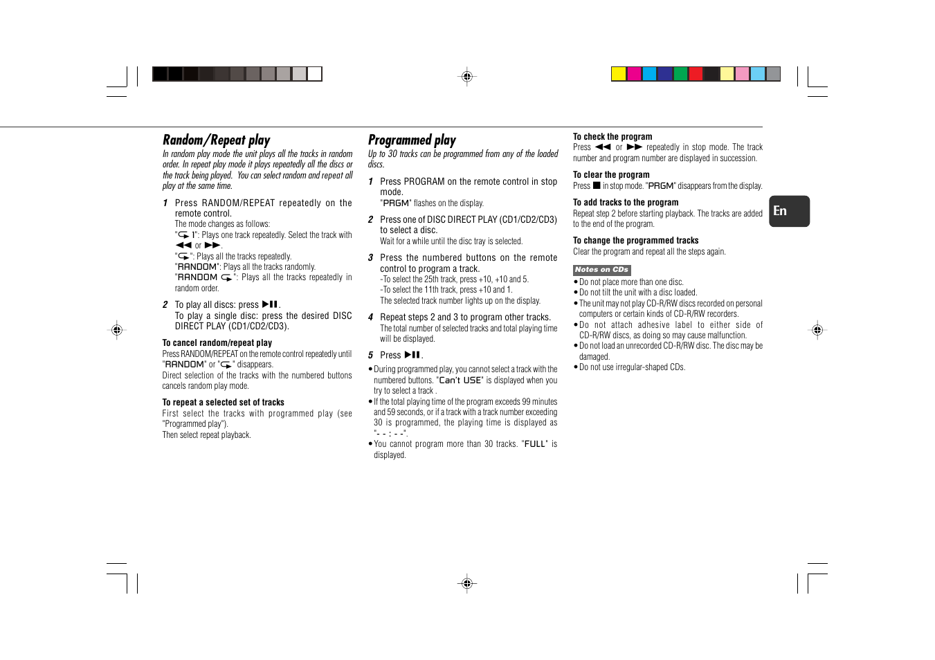 Random/repeat play, Programmed play | Aiwa XR-EC10 User Manual | Page 9 / 16