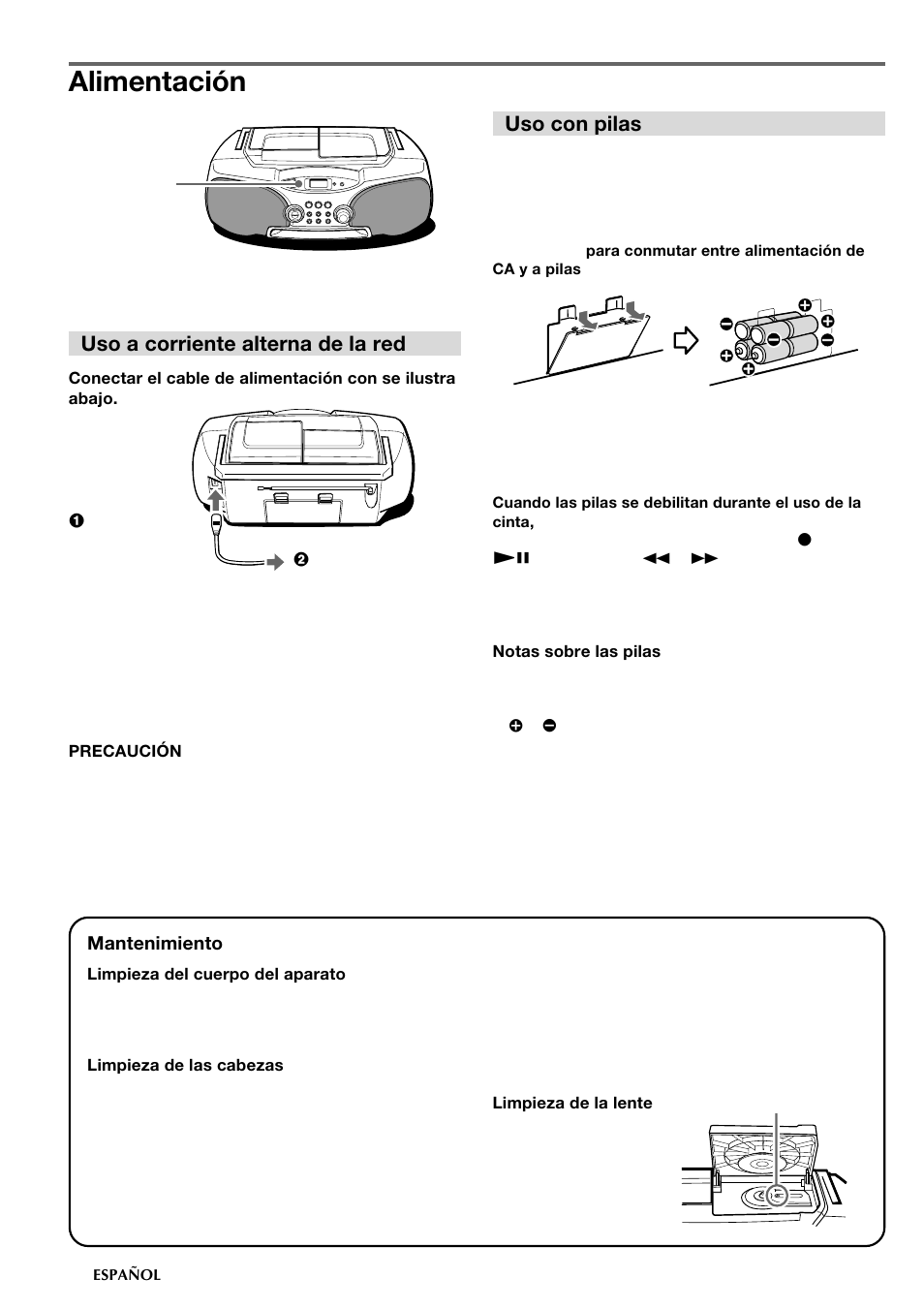 Alimentación, Uso a corriente alterna de la red, Uso con pilas | Aiwa CSD-FD89 User Manual | Page 14 / 32