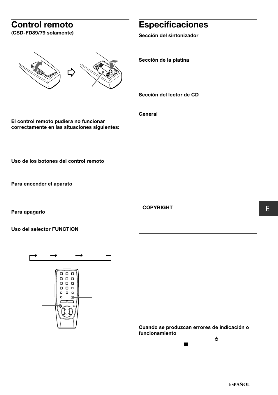 Control remoto, Especificaciones | Aiwa CSD-FD89 User Manual | Page 15 / 32