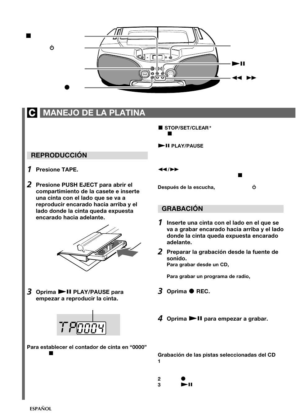 Manejo de la platina, Reproducción, Grabación | Aiwa CSD-FD89 User Manual | Page 20 / 32