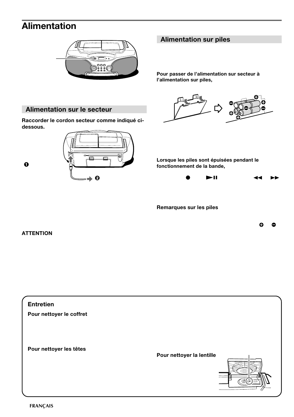 Alimentation, Alimentation sur le secteur, Alimentation sur piles | Aiwa CSD-FD89 User Manual | Page 24 / 32