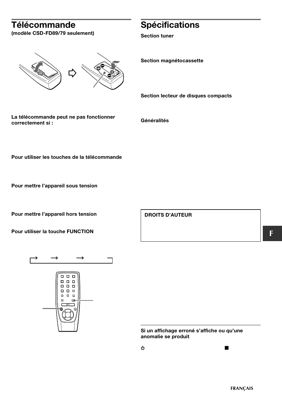 Télécommande, Spécifications | Aiwa CSD-FD89 User Manual | Page 25 / 32