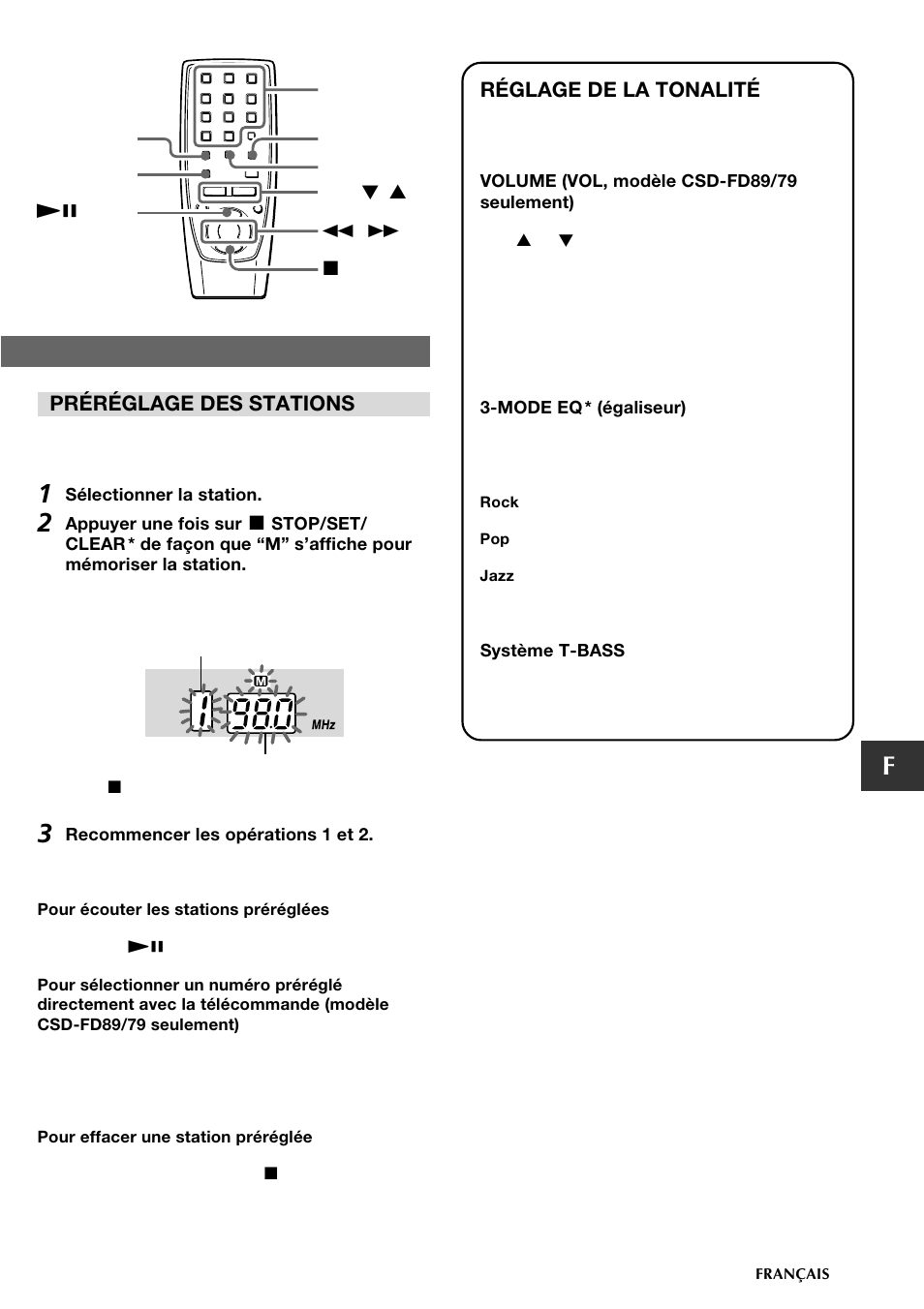 Préréglage des stations, Réglage de la tonalité | Aiwa CSD-FD89 User Manual | Page 27 / 32