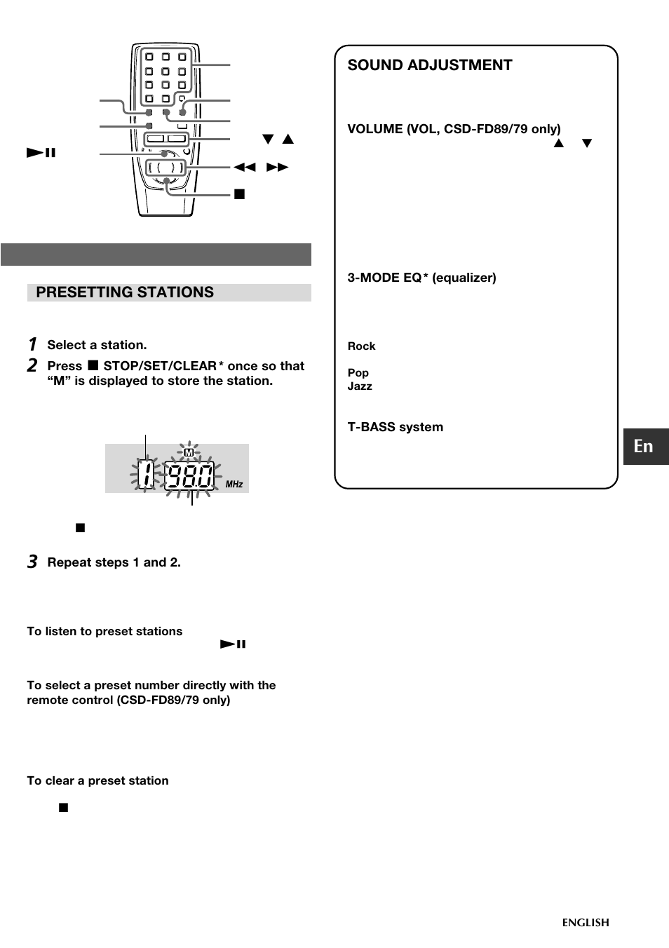Presetting stations, Sound adjustment | Aiwa CSD-FD89 User Manual | Page 7 / 32