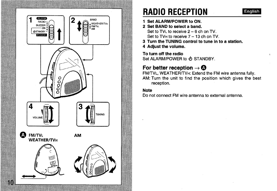 For better reception o, Radio reception | Aiwa FR-A308U User Manual | Page 10 / 20