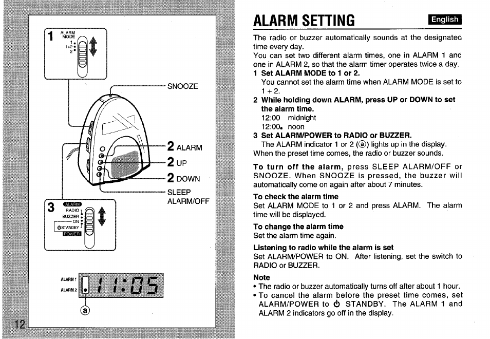 T • n c, Alarm setting, I • u d | Aiwa FR-A308U User Manual | Page 12 / 20