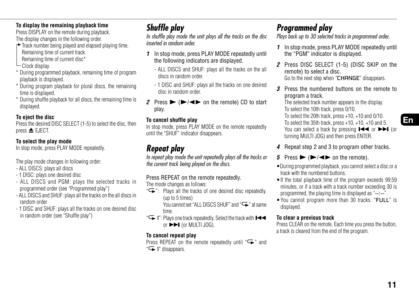 Shuffle play, Repeat play, Programmed play | 11 en | Aiwa BMZ-K1 User Manual | Page 11 / 46