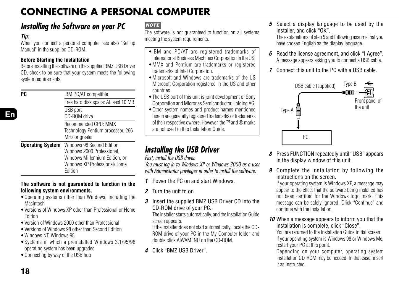 Connecting a personal computer, Installing the software on your pc, Installing the usb driver | 18 en | Aiwa BMZ-K1 User Manual | Page 18 / 46