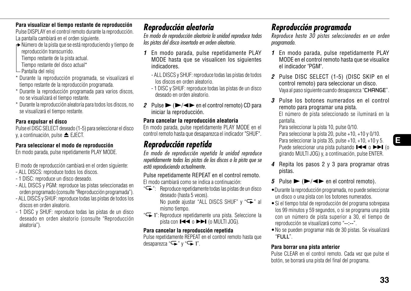Reproducción aleatoria, Reproducción repetida, Reproducción programada | 33 e | Aiwa BMZ-K1 User Manual | Page 33 / 46