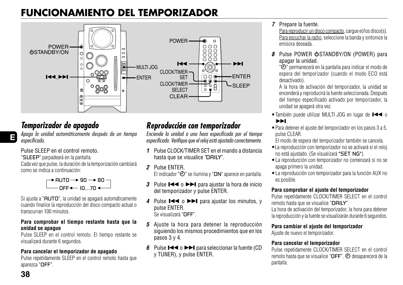 Funcionamiento del temporizador, Temporizador de apagado, Reproducción con temporizador | 38 e | Aiwa BMZ-K1 User Manual | Page 38 / 46