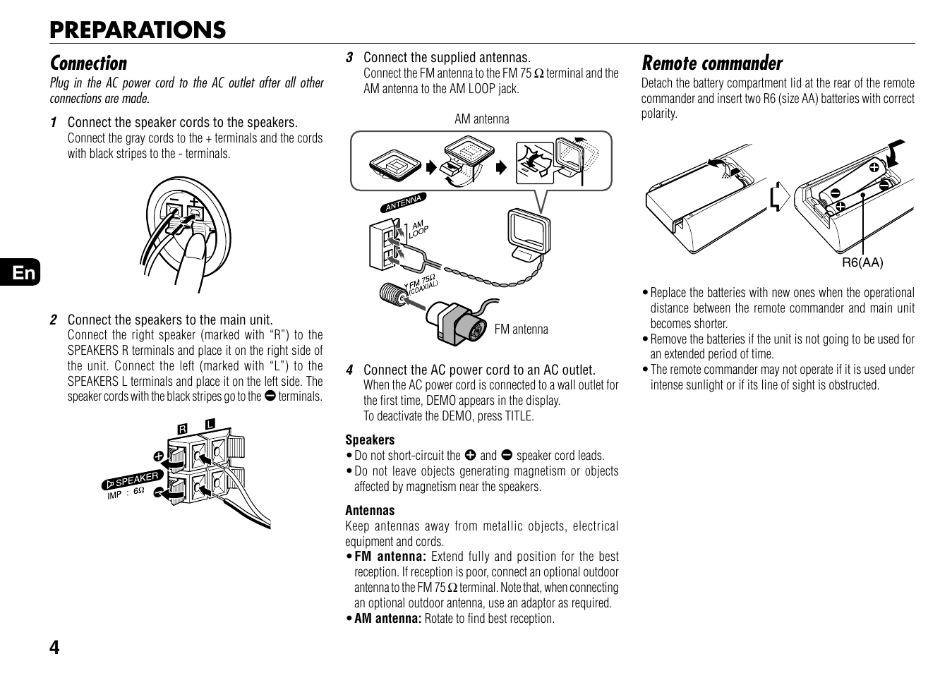 Preparations, Remote commander, Connection | Aiwa BMZ-K1 User Manual | Page 4 / 46