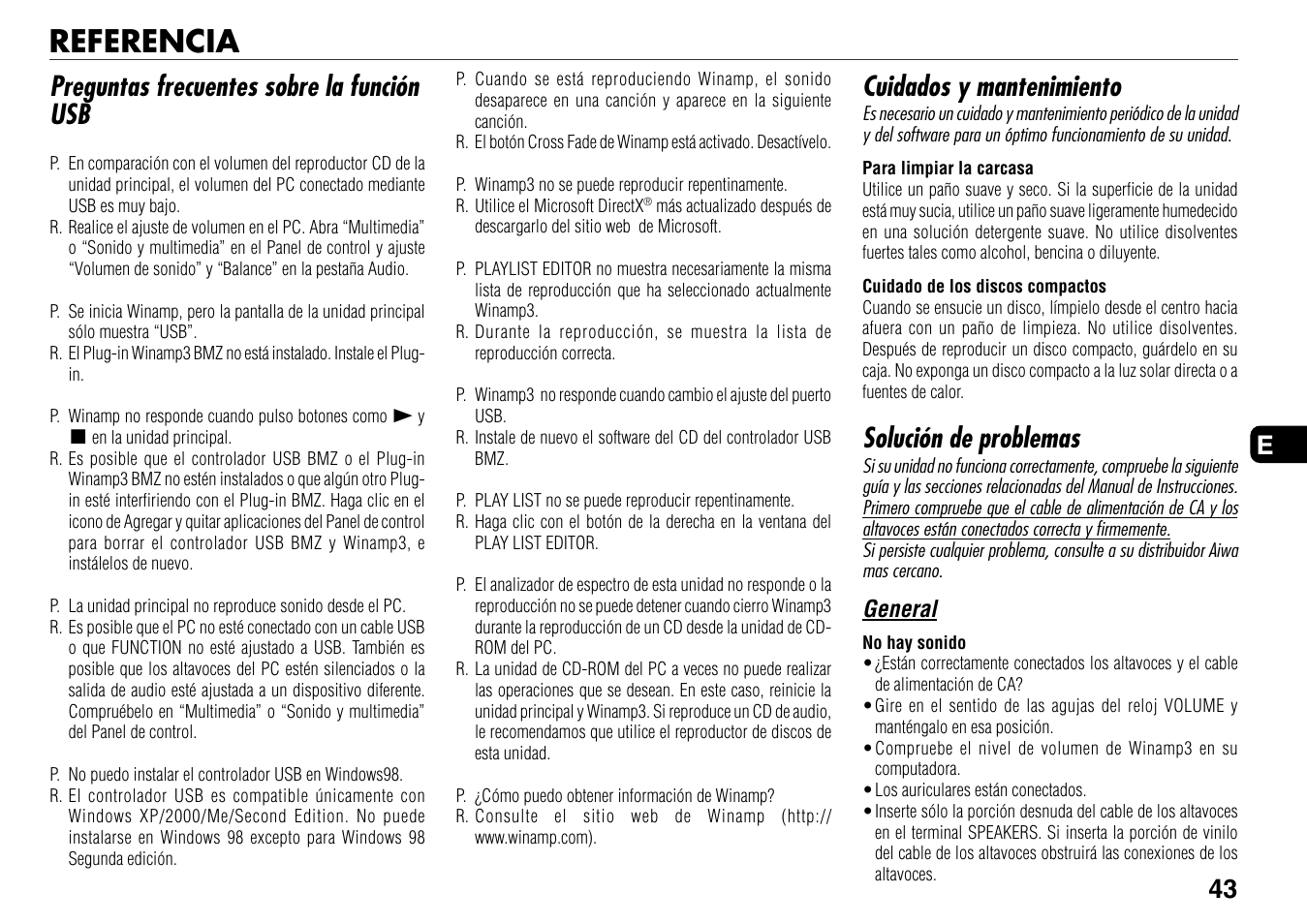 Referencia, Preguntas frecuentes sobre la función usb, Cuidados y mantenimiento | Solución de problemas, 43 e | Aiwa BMZ-K1 User Manual | Page 43 / 46