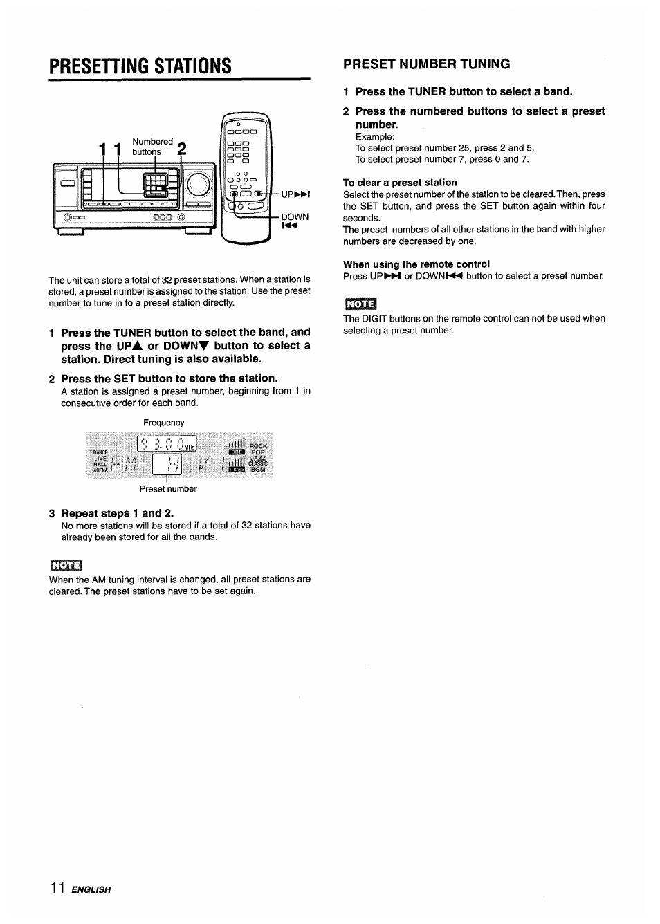 Presening stations, Preset number tuning, 1 press the tuner button to select a band | To clear a preset station, 2 press the set button to store the station, 3 repeat steps 1 and 2, When using the remote control, Presetting stations | Aiwa AV-X220 User Manual | Page 12 / 60