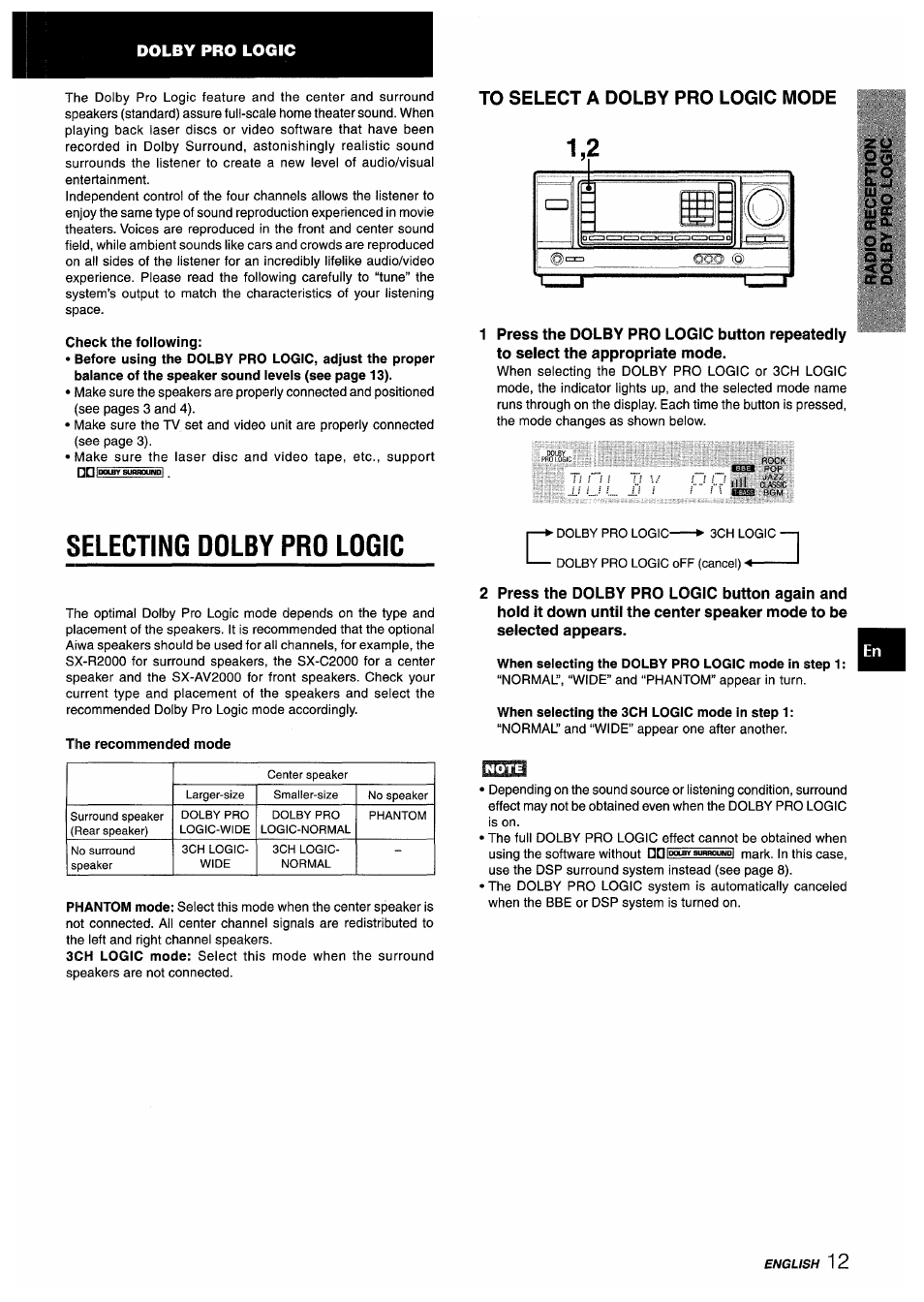 Check the following, To select a dolby pro logic mode, Selecting dolby pro logic | The recommended mode, When selecting the dolby pro logic mode in step 1, When selecting the 3ch logic mode in step 1 | Aiwa AV-X220 User Manual | Page 13 / 60