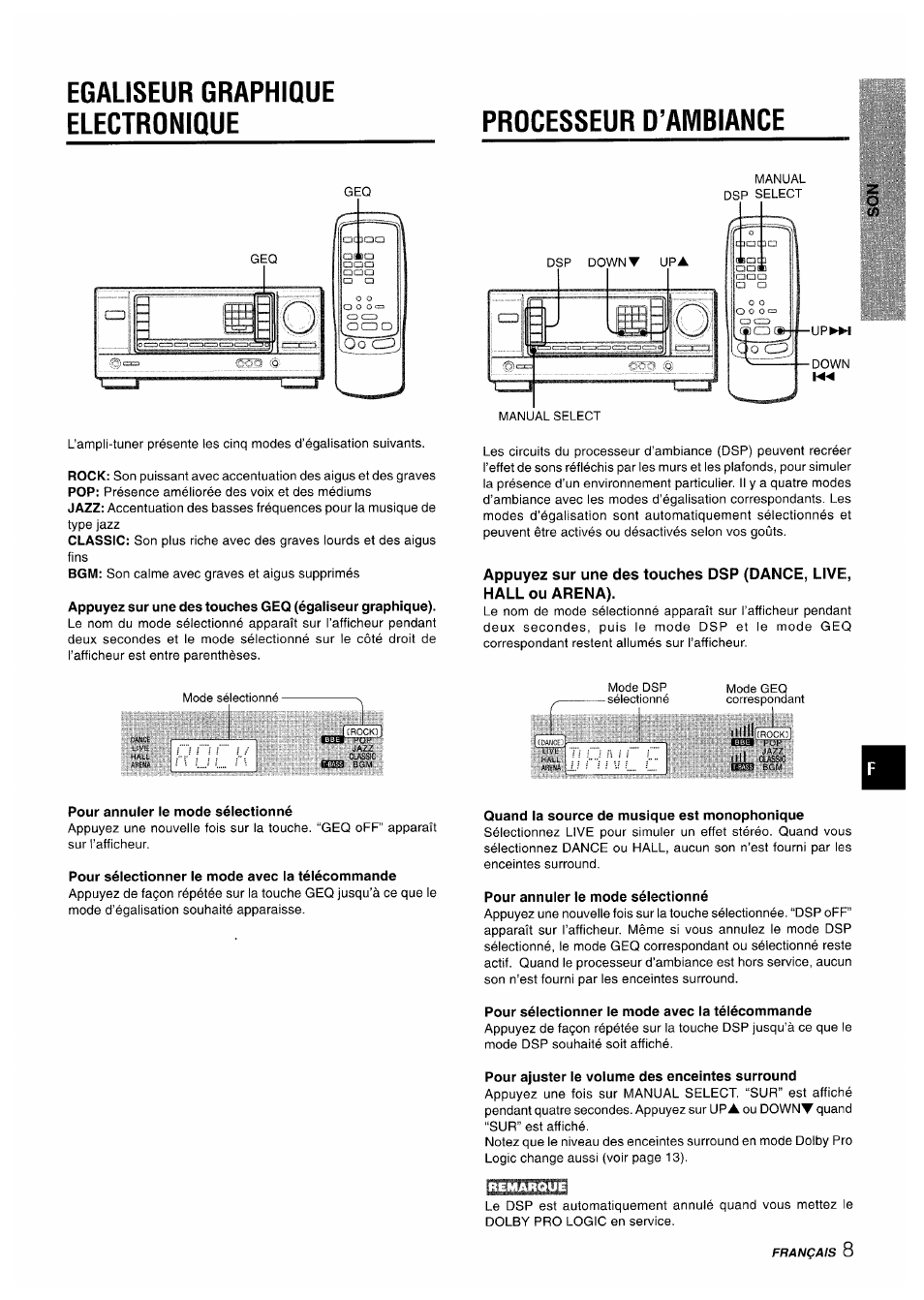 Egaliseur graphique electronique, Processeur d’ambiance, Quand la source de musique est monophonique | Pour annuier le mode sélectionné, Pour sélectionner ie mode avec ia téiécommande, Pour ajuster ie voiume des enceintes surround, U r j | Aiwa AV-X220 User Manual | Page 45 / 60