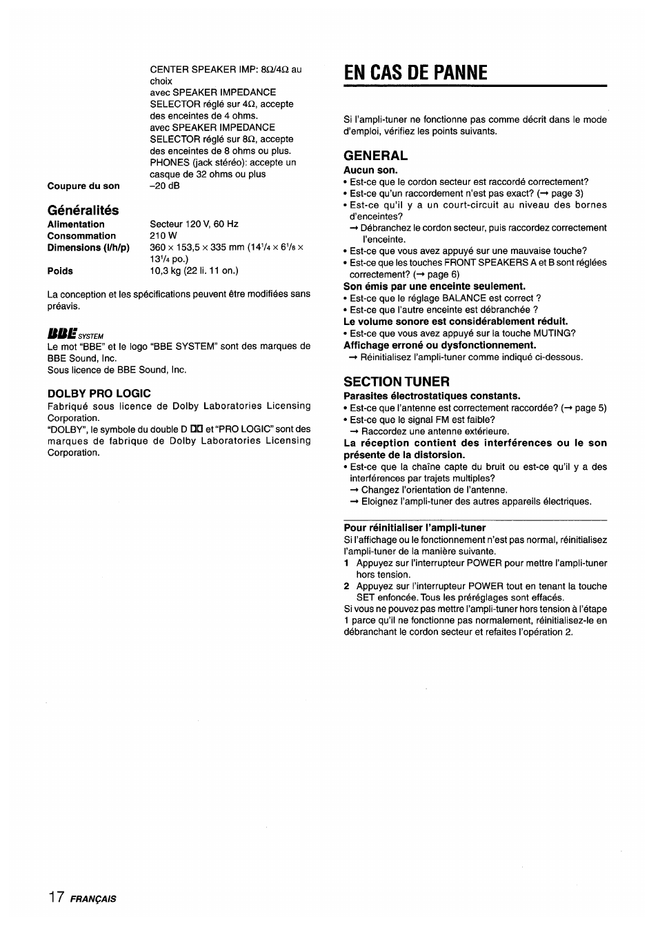En cas de panne, Dolby pro logic, General | Section tuner, Pour réinitialiser l’ampli-tuner, Généralités | Aiwa AV-X220 User Manual | Page 54 / 60