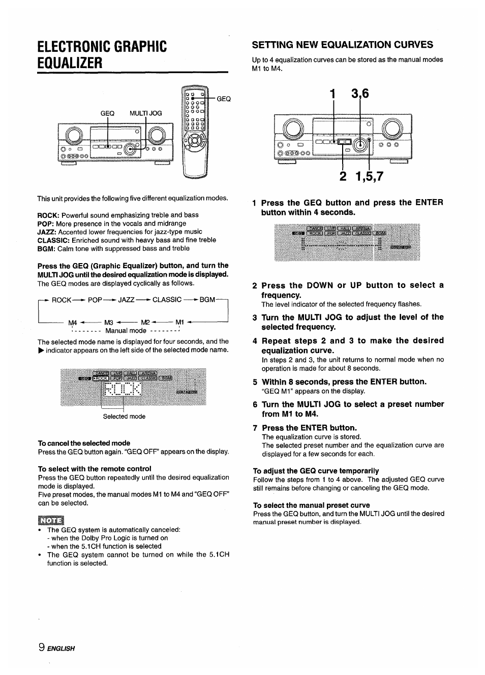 Electronic graphic equalizer, Setting new equalization curves, To cancel the selected mode | To adjust the geq curve temporarily, To select the manual preset curve | Aiwa AV-D35 User Manual | Page 10 / 64