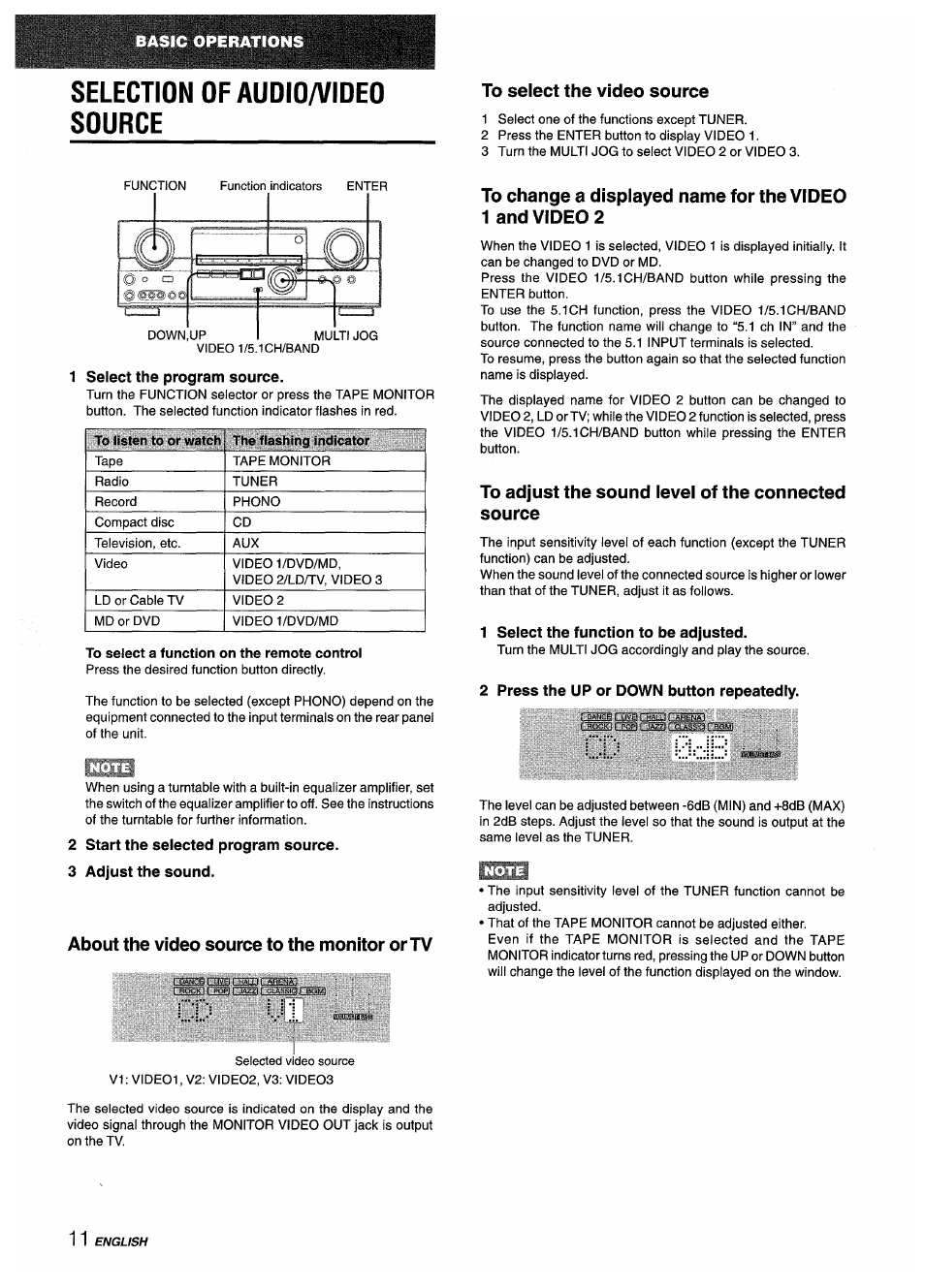 Selection of audio/video source, To select the video source, 1 select the program source | To select a function on the remote control, 2 start the selected program source, 3 adjust the sound, To adjust the sound level of the connected source, 1 select the function to be adjusted, 2 press the up or down button repeatedly | Aiwa AV-D35 User Manual | Page 12 / 64