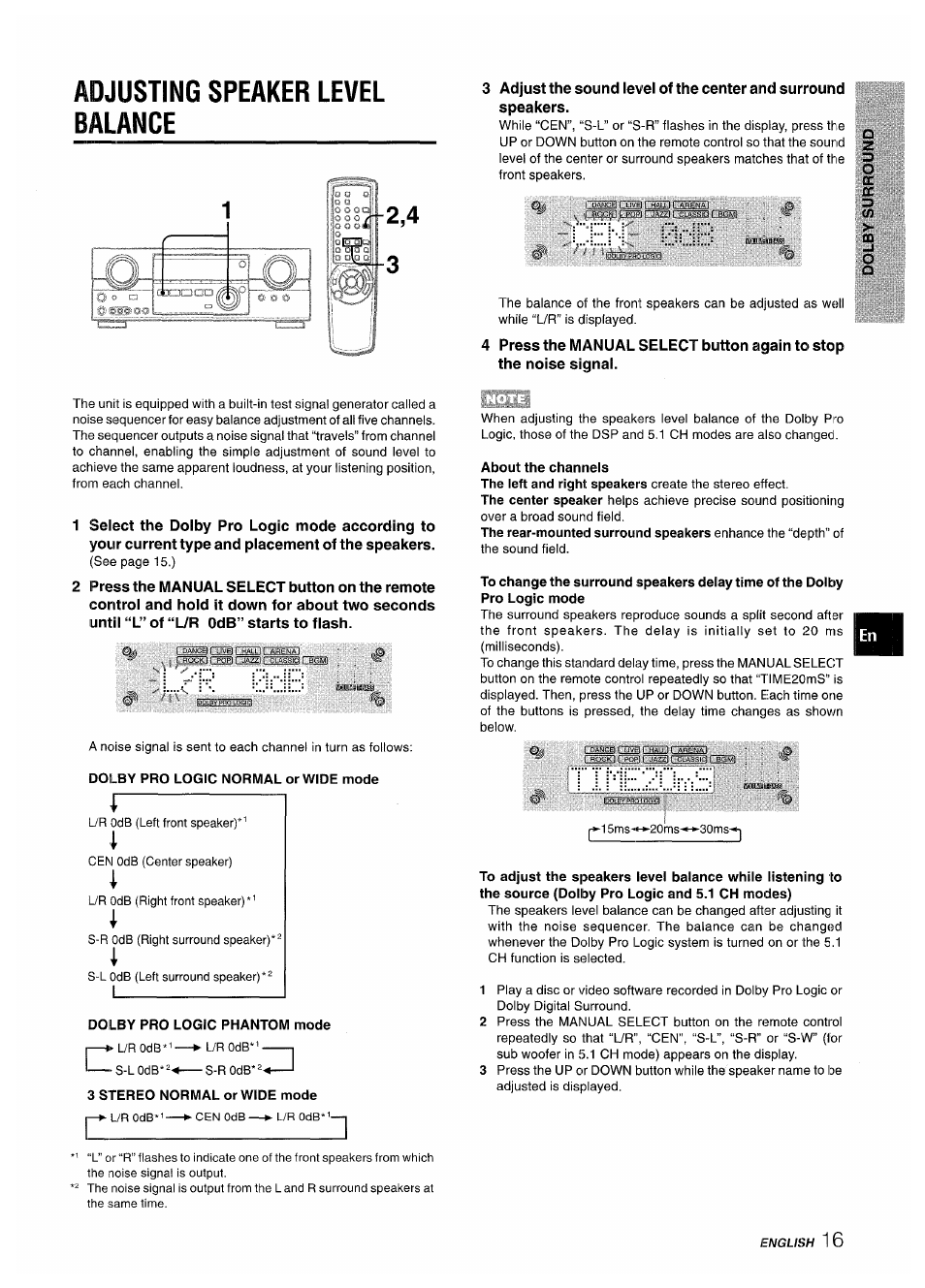 Dolby pro logic phantom mode, 3 stereo normal or wide mode, About the channels | Adjusting speaker level balance | Aiwa AV-D35 User Manual | Page 17 / 64