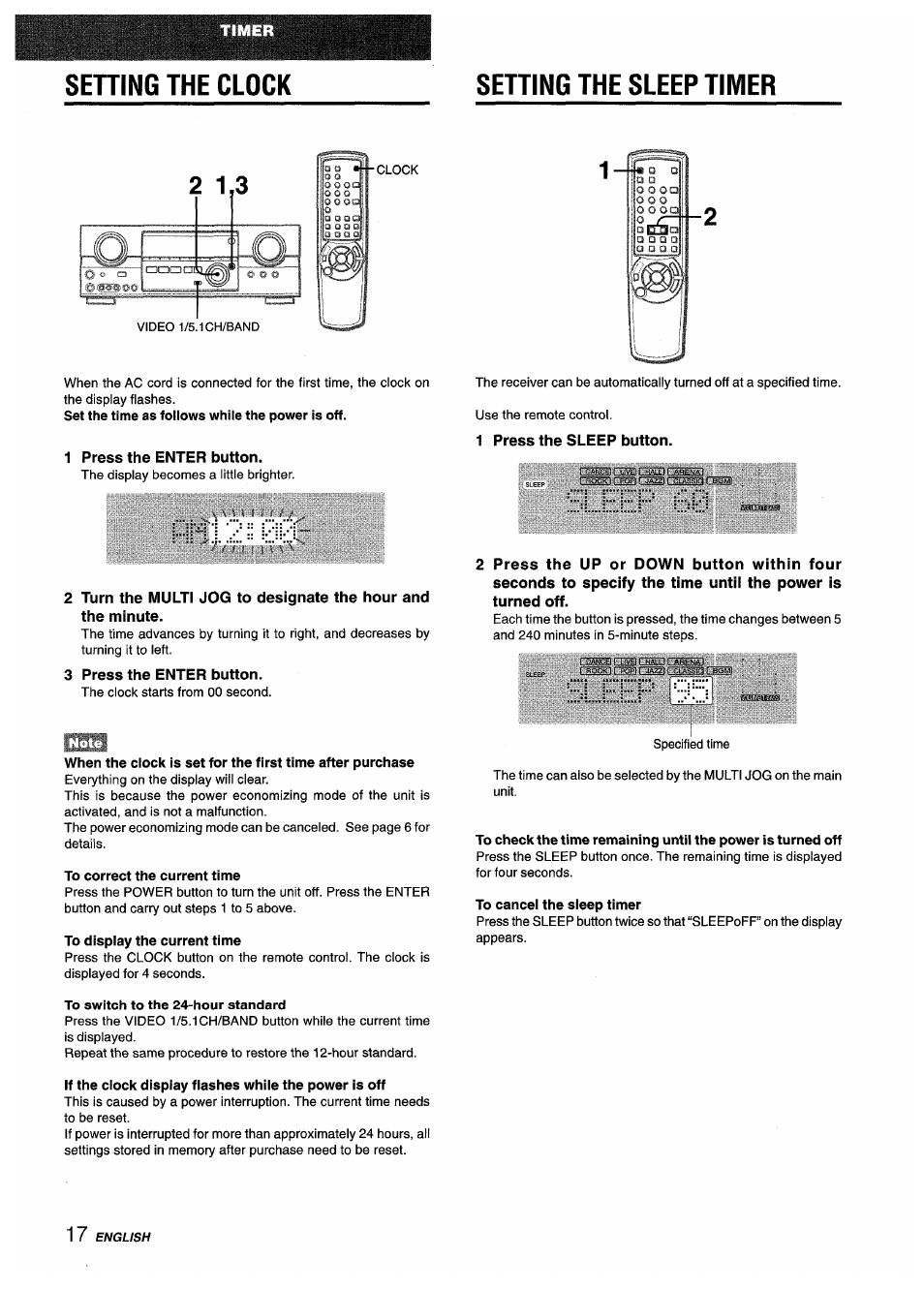 1 press the enter button, 3 press the enter button, Setting the sleep timer | 1 press the sleep button, To correct the current time, To display the current time, To switch to the 24-hour standard, To cancel the sleep timer, Sehing the clock ol | Aiwa AV-D35 User Manual | Page 18 / 64