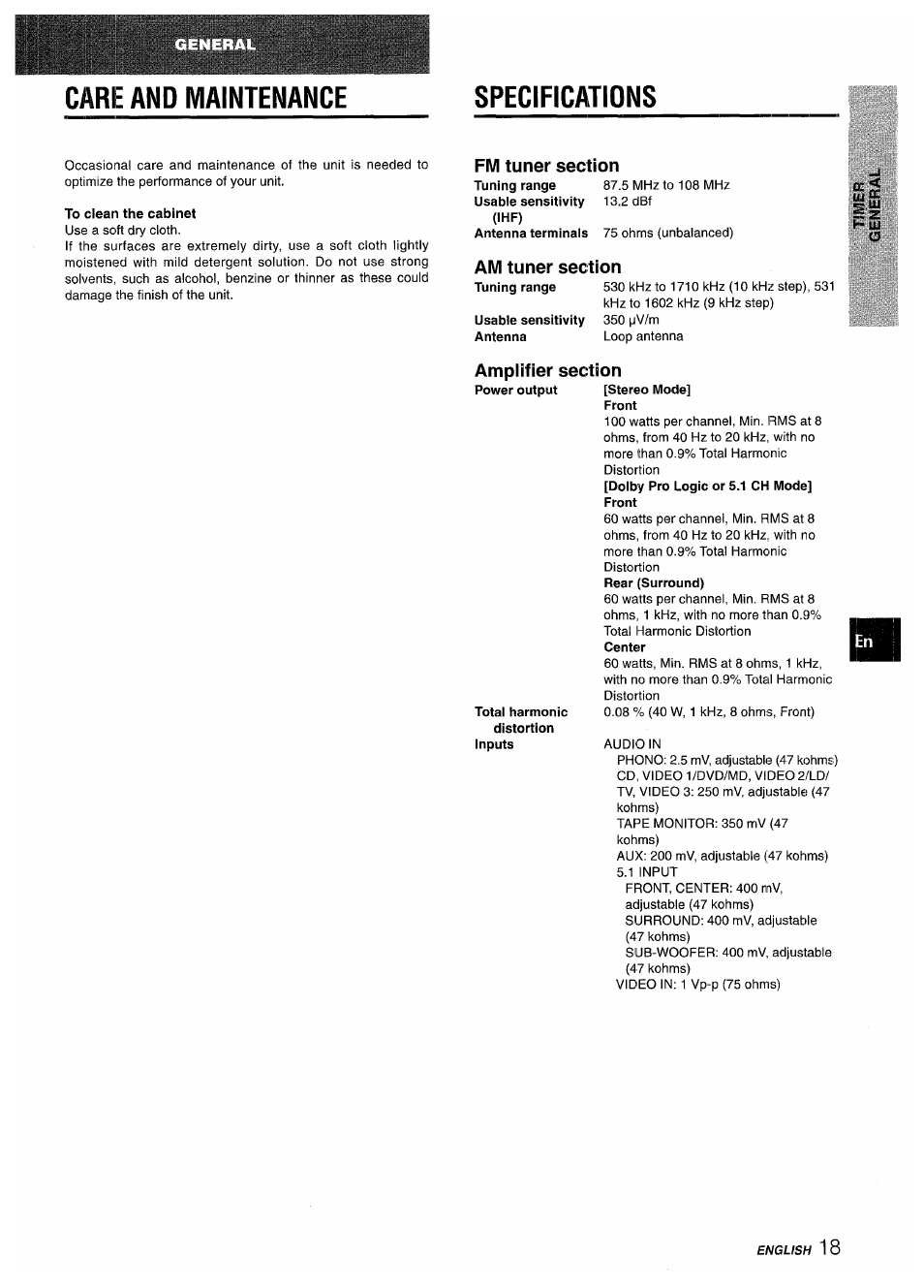 Care and maintenance, Specifications, To clean the cabinet | Fm tuner section, Am tuner section, Amplifier section, Care and maintenance specifications | Aiwa AV-D35 User Manual | Page 19 / 64