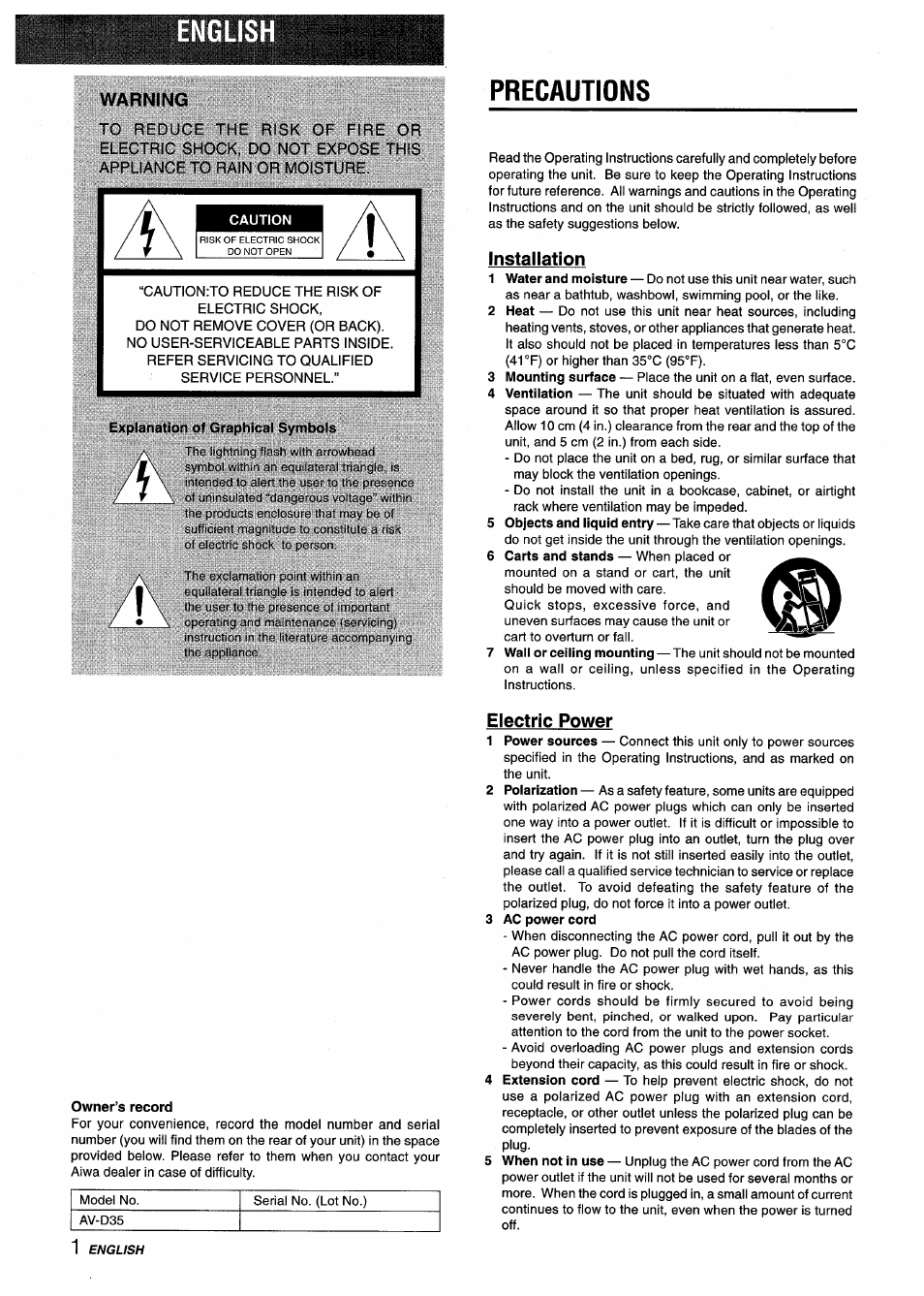 Caution, Explanation of graphical symbols, Precautions | Installation, Owner’s record, Electric power, 3 ac power cord, V;.■■■;v ' i; ■ \ ; * ; j, Warning | Aiwa AV-D35 User Manual | Page 2 / 64