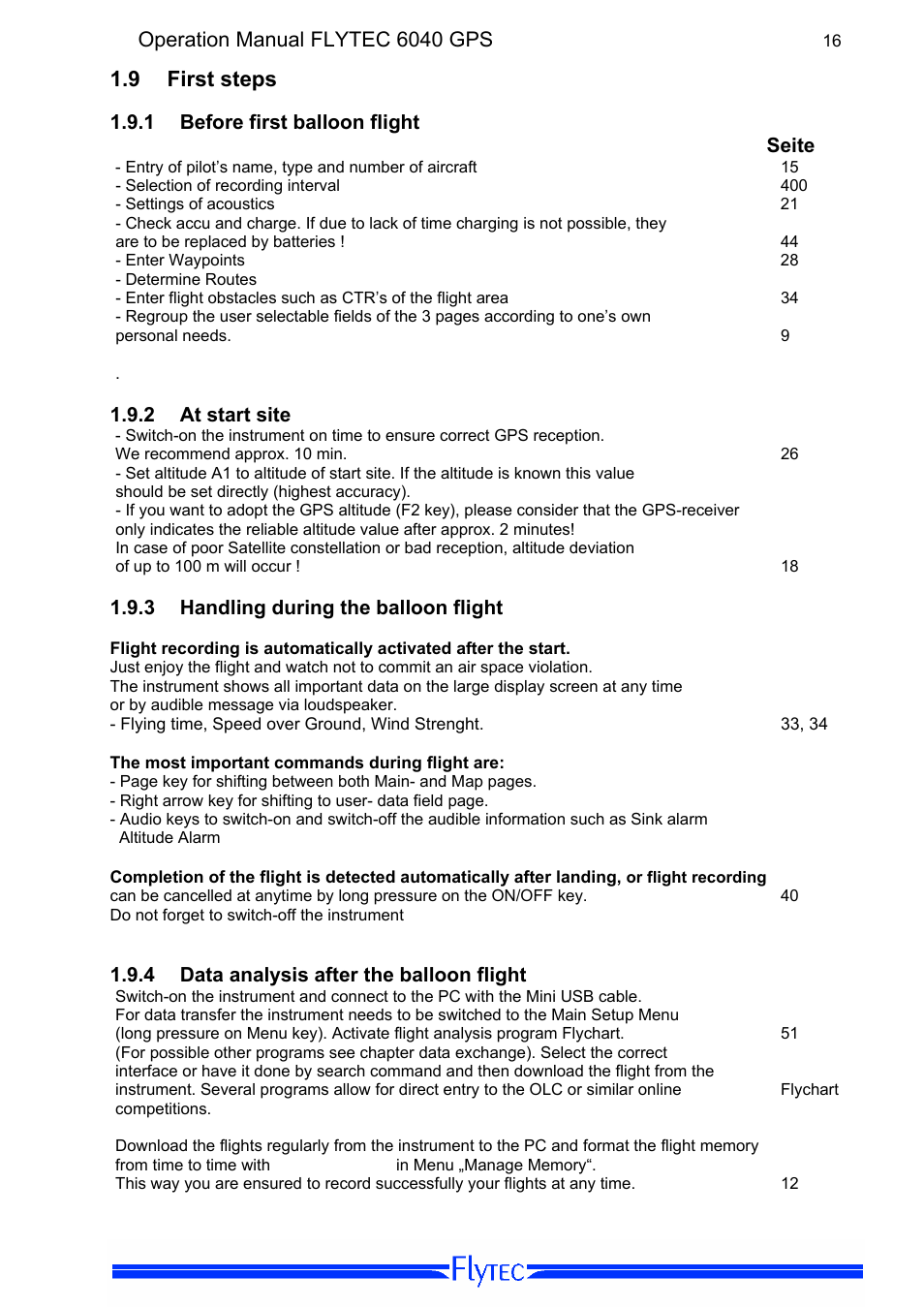 9 first steps, 1 before first balloon flight seite, 2 at start site | 3 handling during the balloon flight, 4 data analysis after the balloon flight, First steps, Before first balloon flight seite, At start site, Handling during the balloon flight, Data analysis after the balloon flight | Flytec 6040 * User Manual | Page 18 / 57
