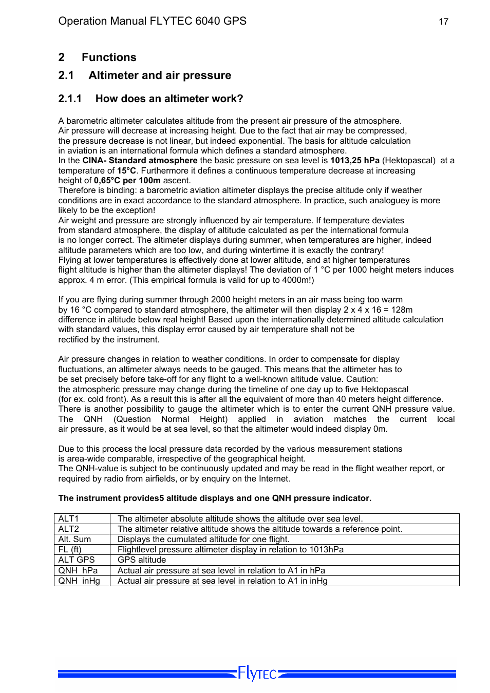 2 functions, 1 altimeter and air pressure, 1 how does an altimeter work | Functions, Altimeter and air pressur, How does an altimeter work, 2 functions 2.1 altimeter and air pressure, Operation manual flytec 6040 gps | Flytec 6040 * User Manual | Page 19 / 57