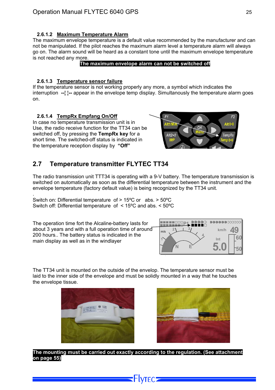 2 maximum temperature alarm, 3 temperature sensor failure, 4 temprx empfang on/off | 7 temperature transmitter flytec tt34, Maximum temperature alarm, Temperature sensor failure, Temprx empfang on/off, Temperature transmitter flytec tt34 | Flytec 6040 * User Manual | Page 27 / 57