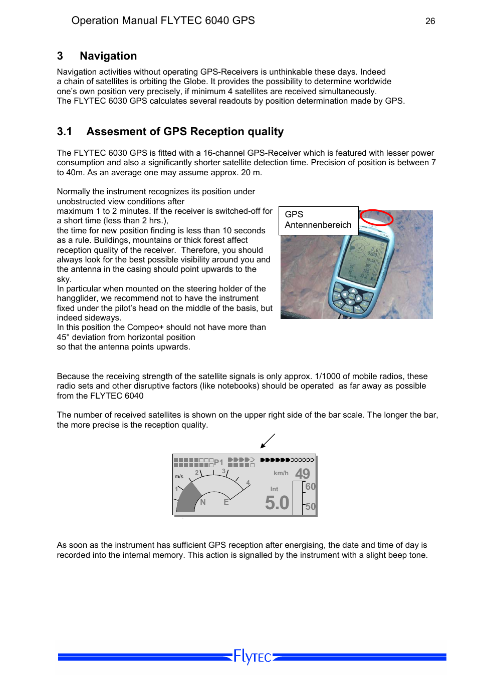 3 navigation, 1 assesment of gps reception quality, Navigation | Assesment of gps reception qualit, Operation manual flytec 6040 gps | Flytec 6040 * User Manual | Page 28 / 57
