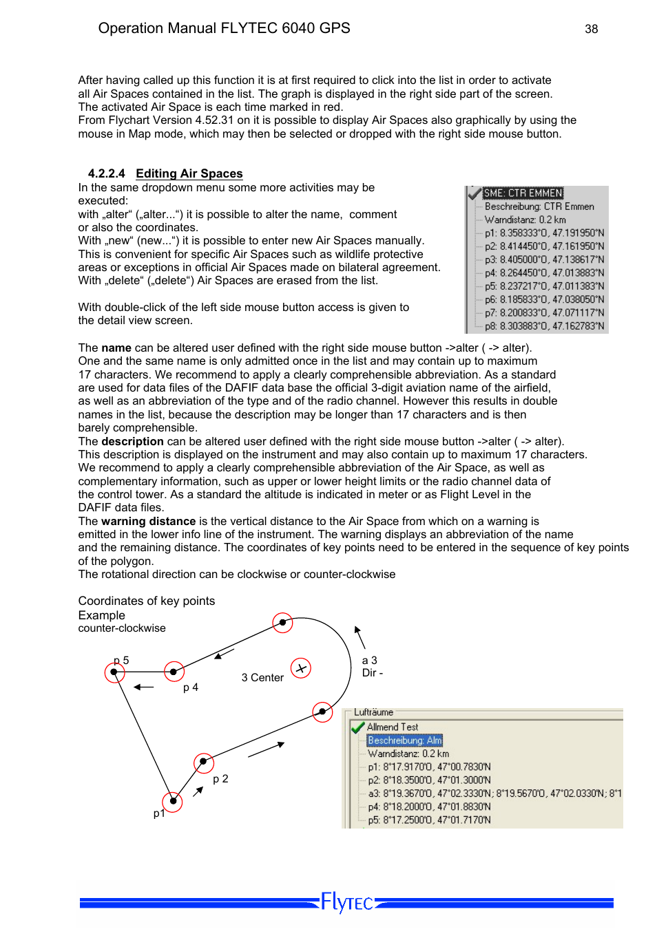 4 editing air spaces, Editing air spaces, Operation manual flytec 6040 gps | Flytec 6040 * User Manual | Page 40 / 57