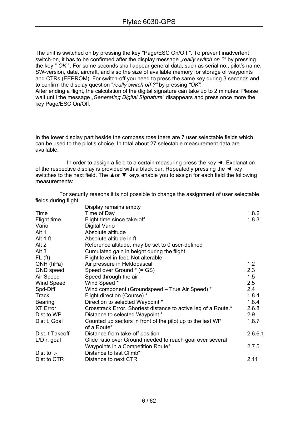 Flytec 6030-gps, Flytec 6030 gps switch-on and off, 2 user selectable fields | Flytec 6030 * User Manual | Page 6 / 62