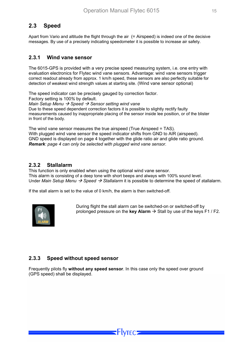 Speed, Wind vane sensor, Stallalarm | Speed without speed sensor, Operation manual flytec 6015, 3 speed | Flytec 6015 * User Manual | Page 17 / 36
