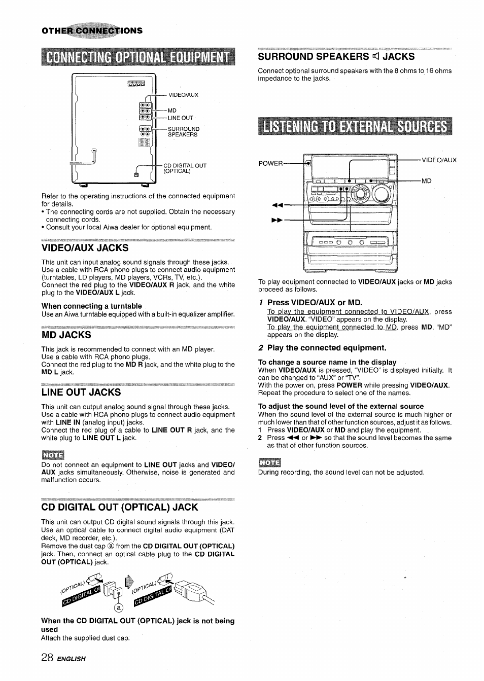 Video/aux jacks, Md jacks, Line out jacks | Surround speakers <1 jacks, 1 press video/aux or md, 2 play the connected equipment, To change a source name in the display, Cd digital out (optical) jack, Other connections, Surround speakers | Aiwa NSX-A888 User Manual | Page 28 / 92
