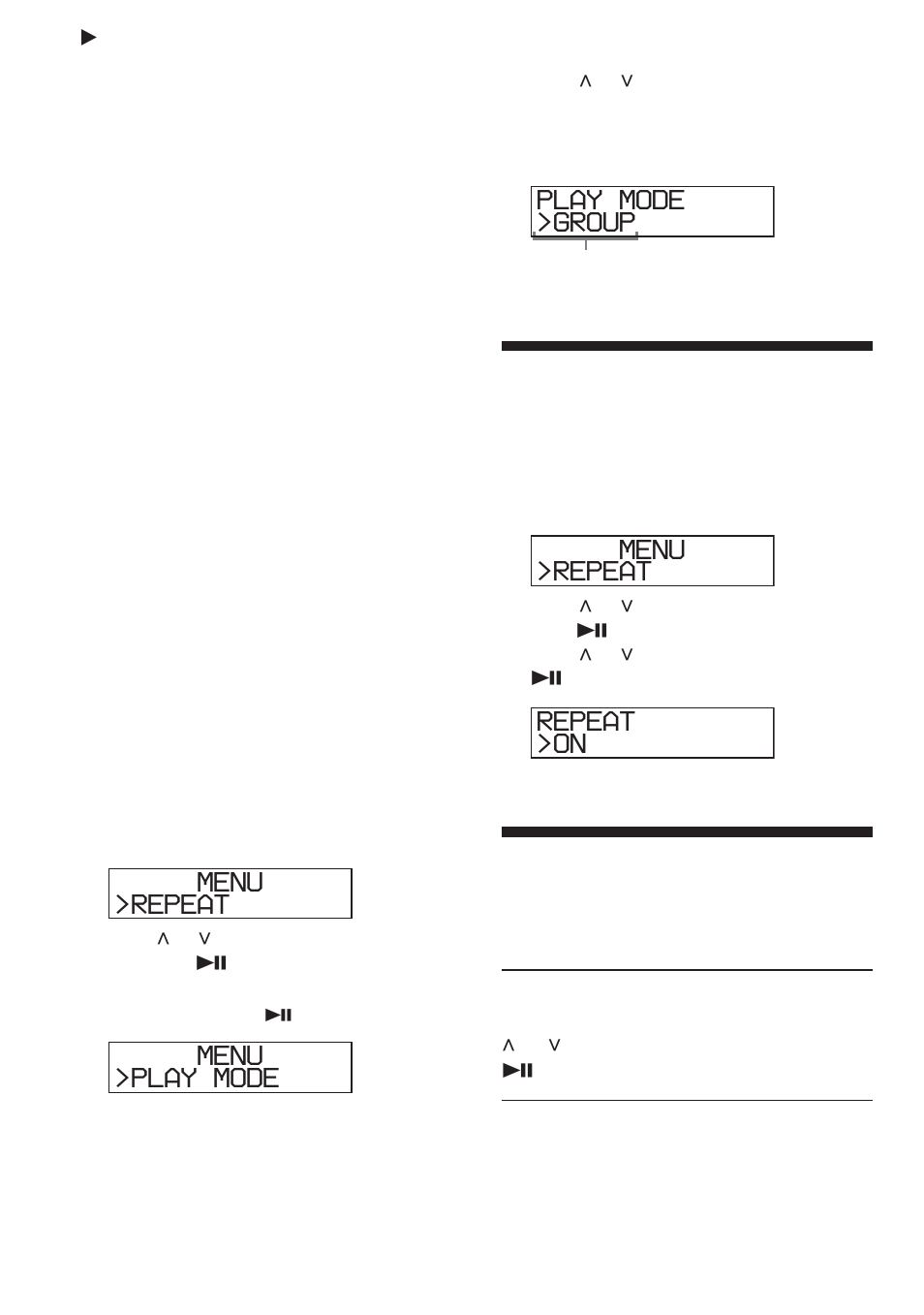 Playback options, Playing tracks repeatedly (repeat play), Playing tracks repeatedly | Playing all files in a selected group, Repeat menu, Play mode menu, Group play mode, On repeat | Aiwa XP-ZV610 User Manual | Page 16 / 68