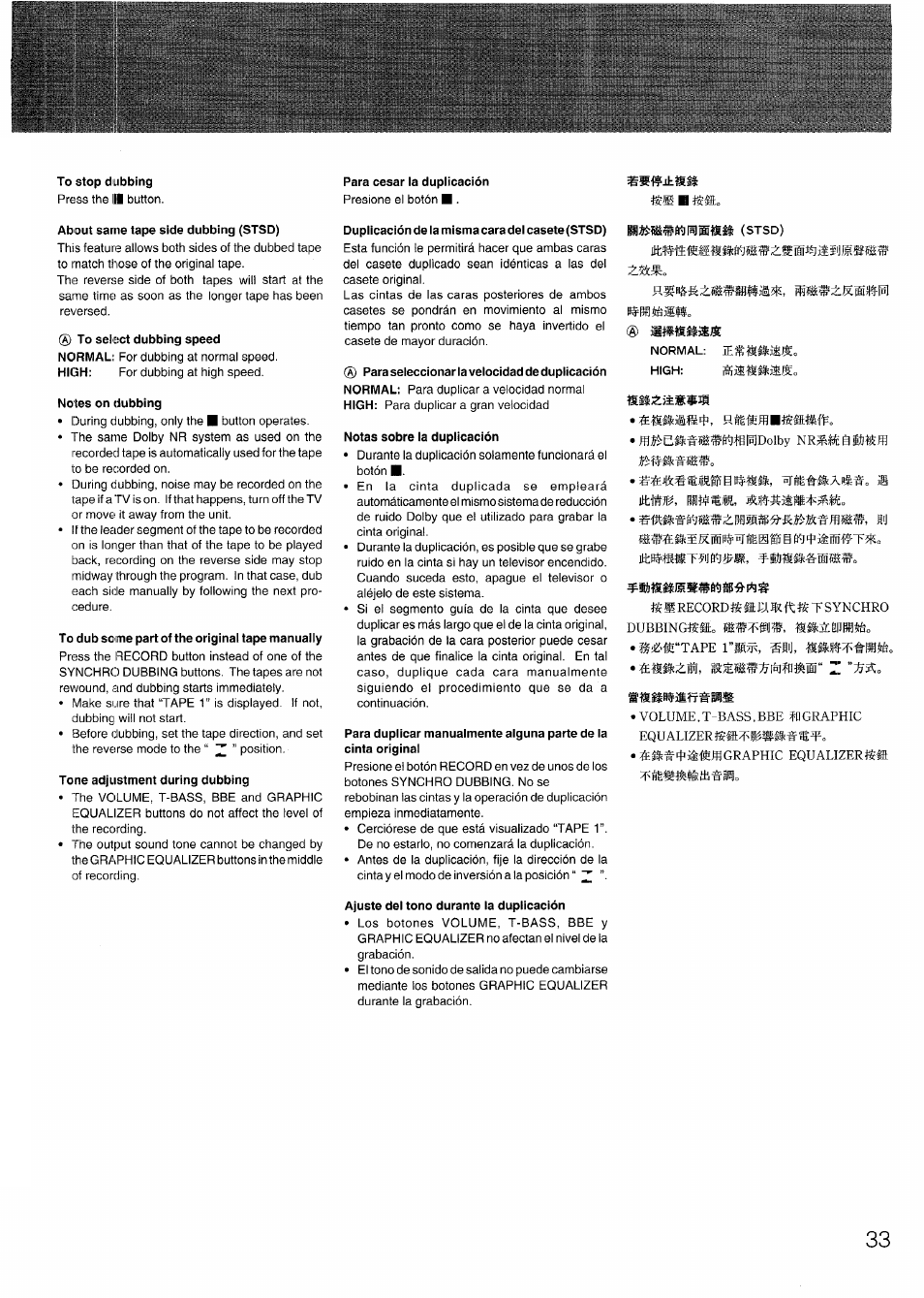 To stop dubbing, About same tape side dubbing (stsd), Notes on dubbing | To dub some part of the original tape manually, Tone adjustment during dubbing, Para cesar la duplicación, Duplicación de la misma cara del casete (stsd), Notas sobre la duplicación, Ajuste del tono durante la duplicación | Aiwa SX-N332 User Manual | Page 33 / 60