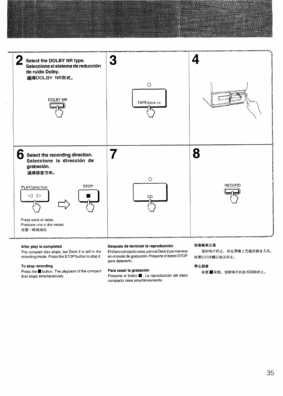 After play is completed, To stop recording, Después de terminar la reproducción | Para cesar la grabación, Iíp§fr#±, №« 2, I . ■ i (!) | Aiwa SX-N332 User Manual | Page 35 / 60