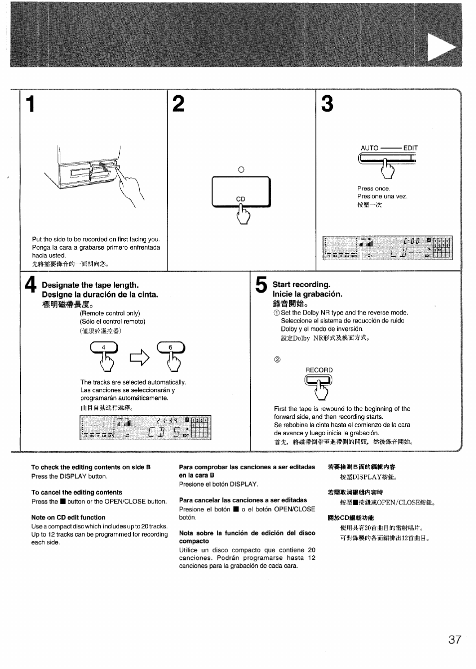Start recording, Inicie la grabación, To check the editing contents on side b | To cancel the editing contents, Note on cd edit function, Para cancelar las canciones a ser editadas, L l l | Aiwa SX-N332 User Manual | Page 37 / 60
