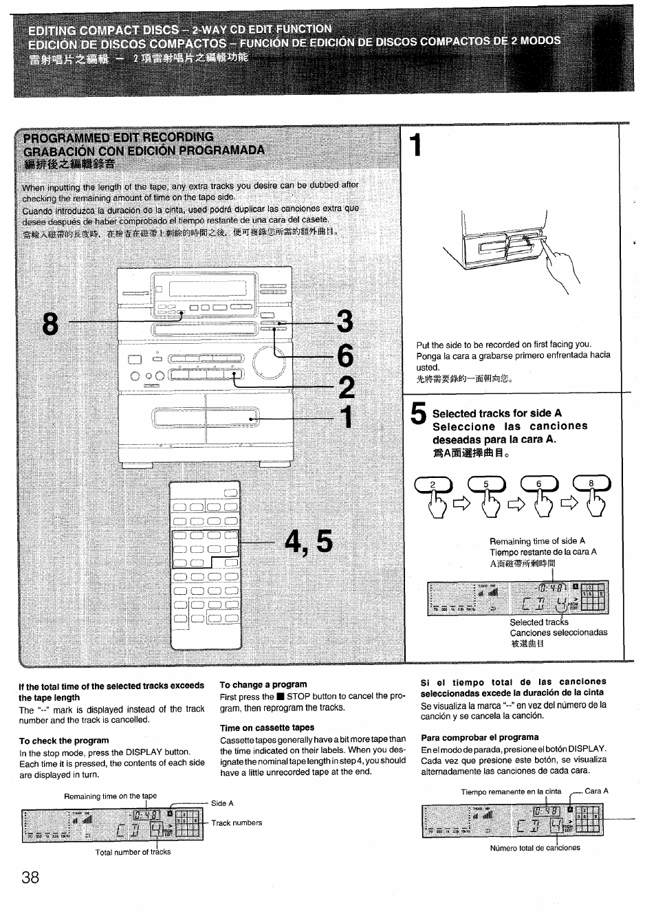 Dición de discos compacto, To check the program, To change a program | Time on cassette tapes, Para comprobar el programa | Aiwa SX-N332 User Manual | Page 38 / 60