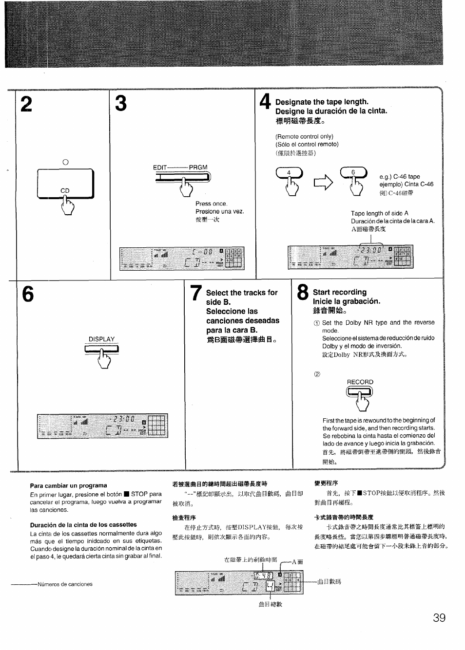 Íi‘5e, Para cambiar un programa, Duracirín de la cinta de los cassettes | Aiwa SX-N332 User Manual | Page 39 / 60