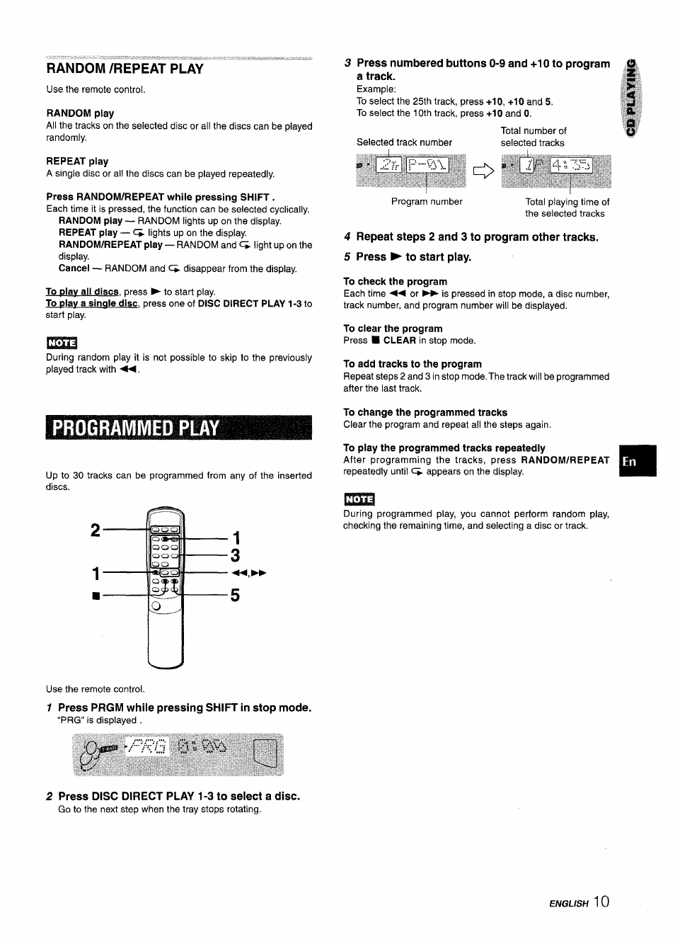 Random /repeat play, Random play, Repeat play | Press random/repeat while pressing shift, 4 repeat steps 2 and 3 to program other tracks, 5 press ► to start play, To check the program, To add tracks to the program, To change the programmed tracks, To play the programmed tracks repeatedly | Aiwa CX-NA303 User Manual | Page 11 / 64