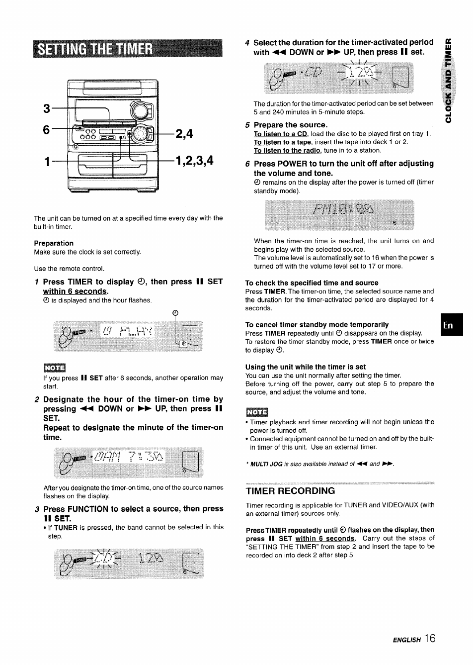 Sehing the timer, Preparation, 0^ /1 \ ' kc | To check the specified time and source, To cancel timer standby mode temporarily, Using the unit while the timer is set, Setting the timer, Timer recording | Aiwa CX-NA303 User Manual | Page 17 / 64